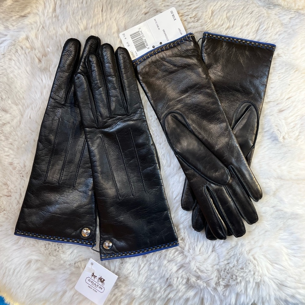 NWT $108 GLOVES by COACH Black Leather with Blue Trim/Silver Stud Multiple Sizes - Picture 3 of 7